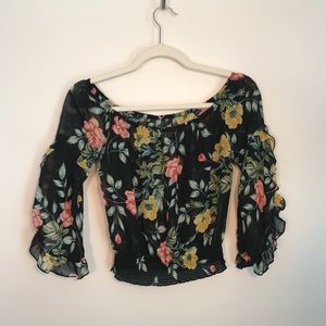 Floral ruffle top Yellow Pink Blue Flower bell sleeves sz S elastic waist